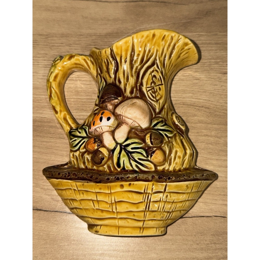 Lefton 1970 Ceramic Mushroom Pitcher Wall Plaque Yellow Brown Green Glossy